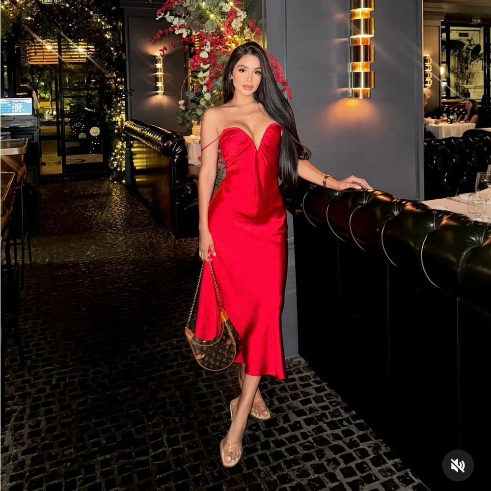 Zara maxi Red Dress corset satin midi holiday wedding party cocktail evening